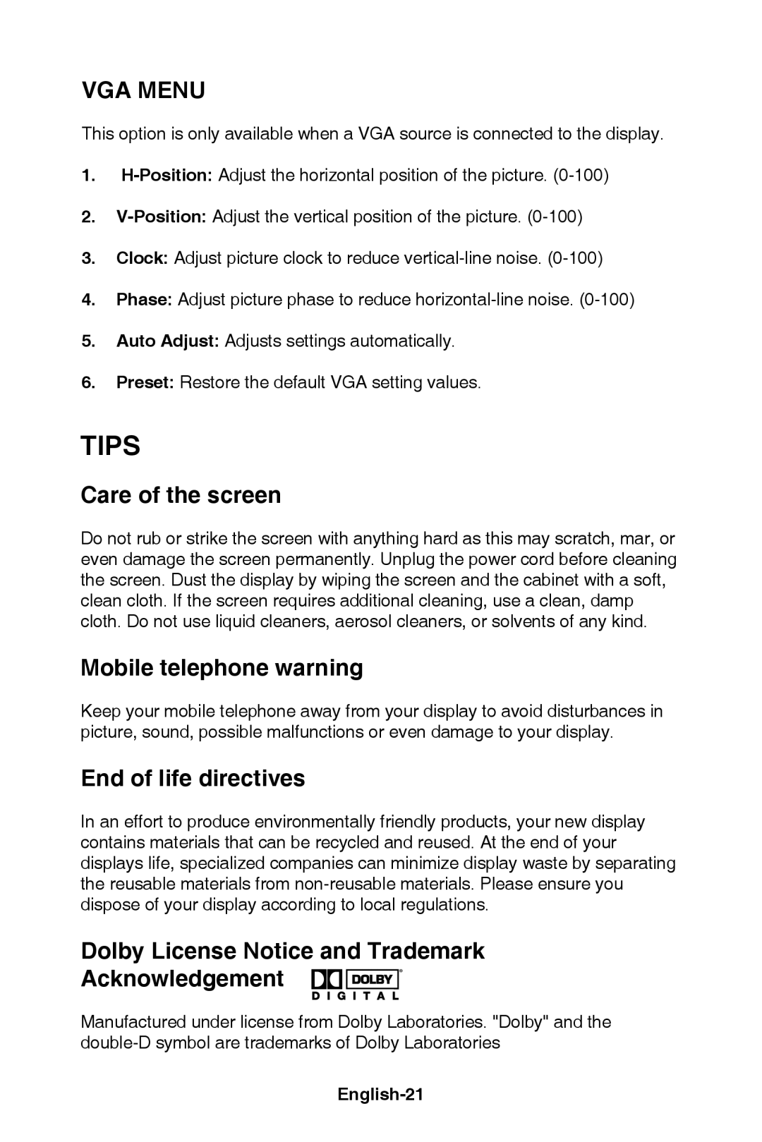 NEC E321, E421 user manual VGA Menu, Care of the screen, Mobile telephone warning, End of life directives 