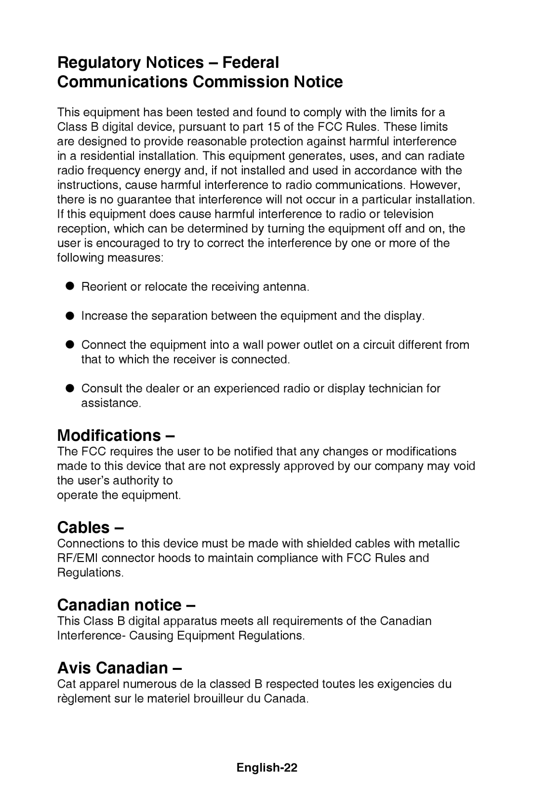 NEC E421, E321 Regulatory Notices Federal Communications Commission Notice, Modifications, Cables, Canadian notice 