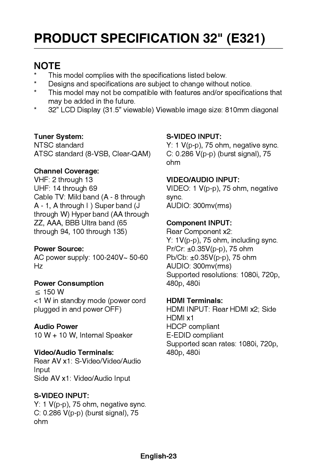 NEC E421 user manual Product Specification 32 E321 