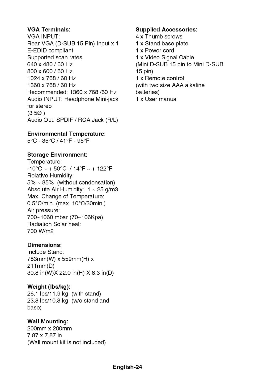 NEC E421 VGA Terminals, Environmental Temperature, Storage Environment, Dimensions, Weight lbs/kg, Supplied Accessories 