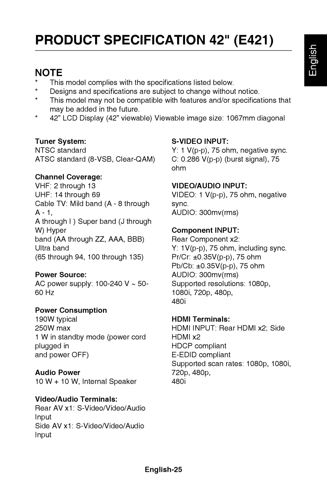 NEC E321 user manual Product Specification 42 E421, English-25 