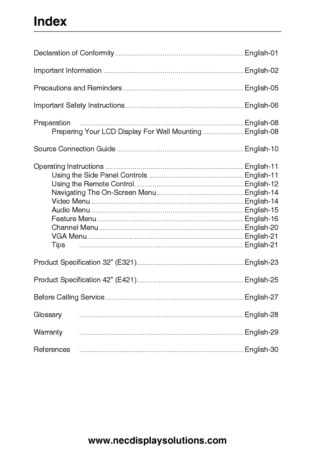 NEC E421, E321 user manual Index 