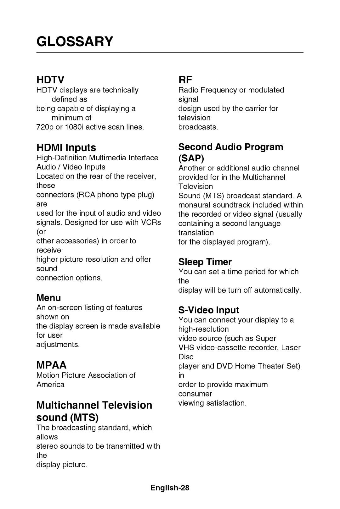 NEC E421, E321 user manual Glossary, Hdtv, Hdmi Inputs, Mpaa, Multichannel Television sound MTS 