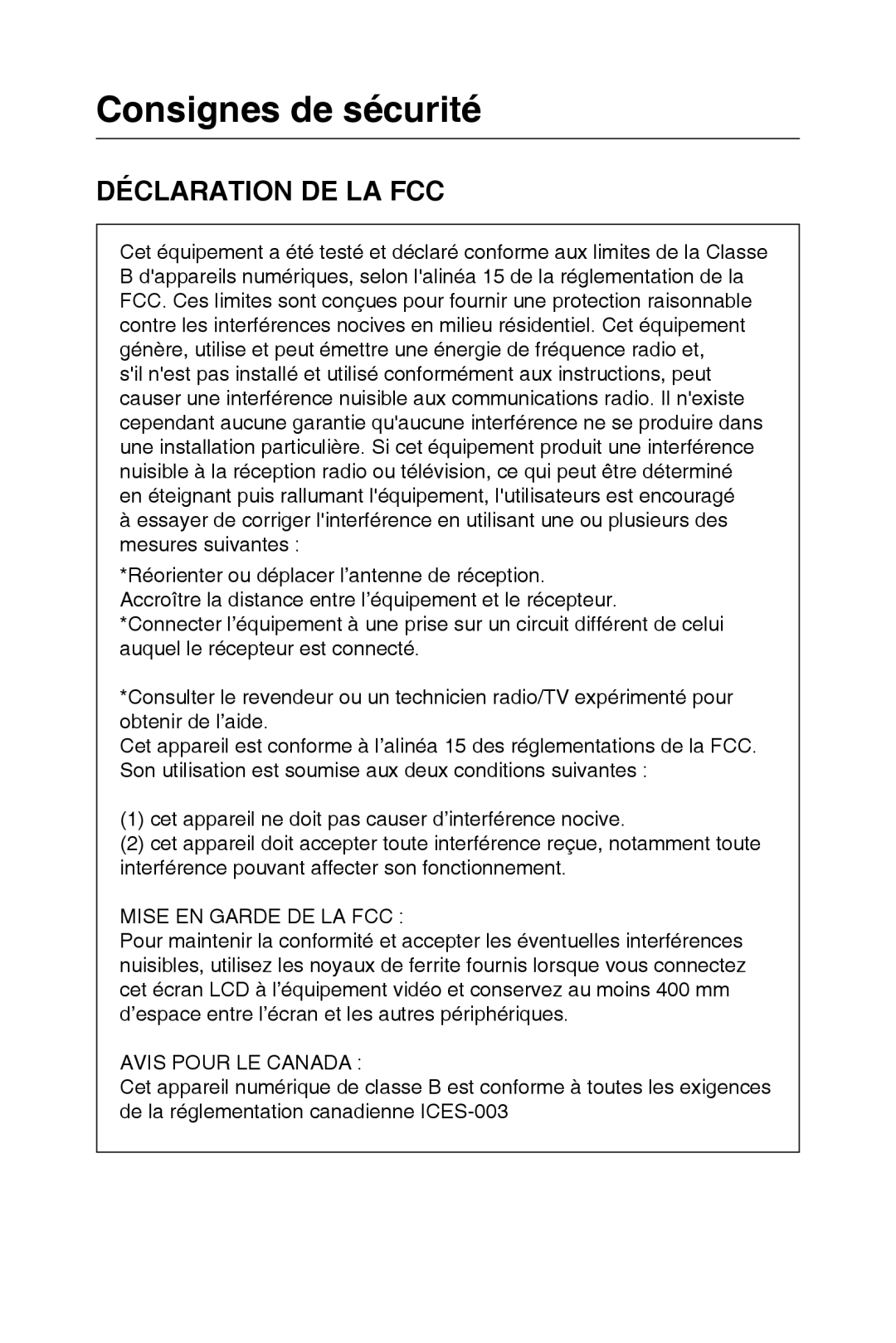 NEC E421, E321 user manual Consignes de sécurité, Déclaration DE LA FCC, Mise EN Garde DE LA FCC, Avis Pour LE Canada 