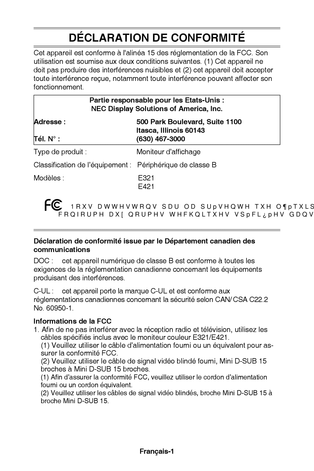 NEC E421, E321 user manual Informations de la FCC, Français-1 