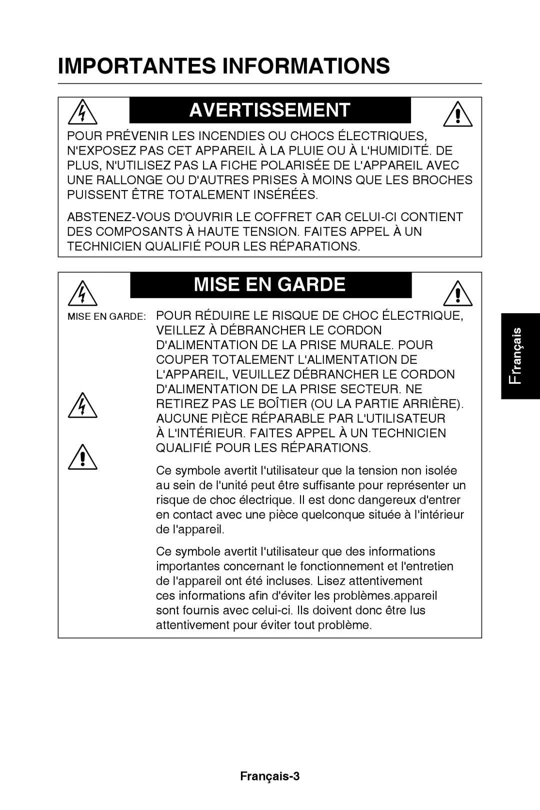 NEC E421, E321 user manual Importantes informations, Français-3 