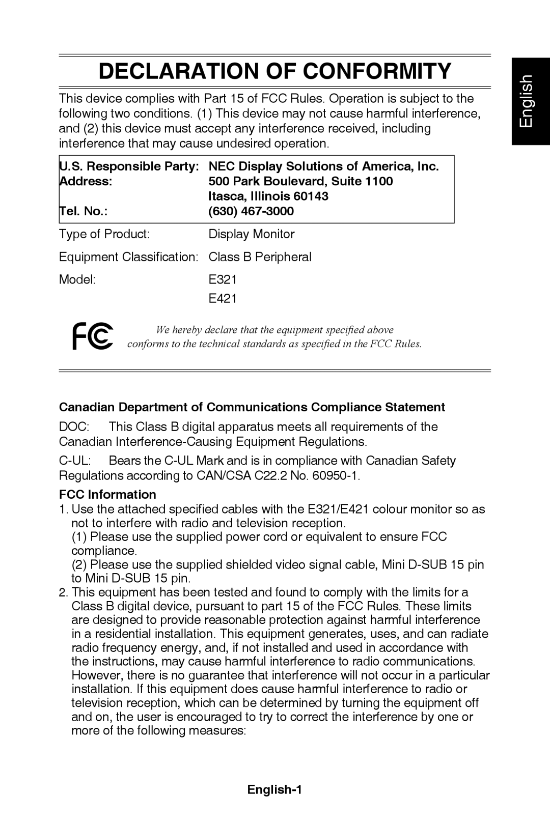 NEC E321 Declaration of Conformity, Responsible Party NEC Display Solutions of America, Inc, FCC Information, English-1 