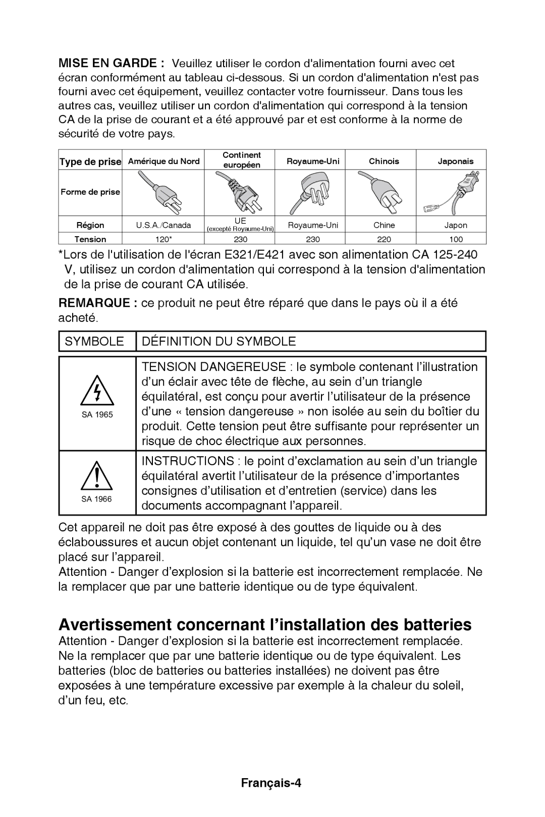 NEC E321, E421 user manual Avertissement concernant l’installation des batteries, Symbole Définition DU Symbole, Français-4 