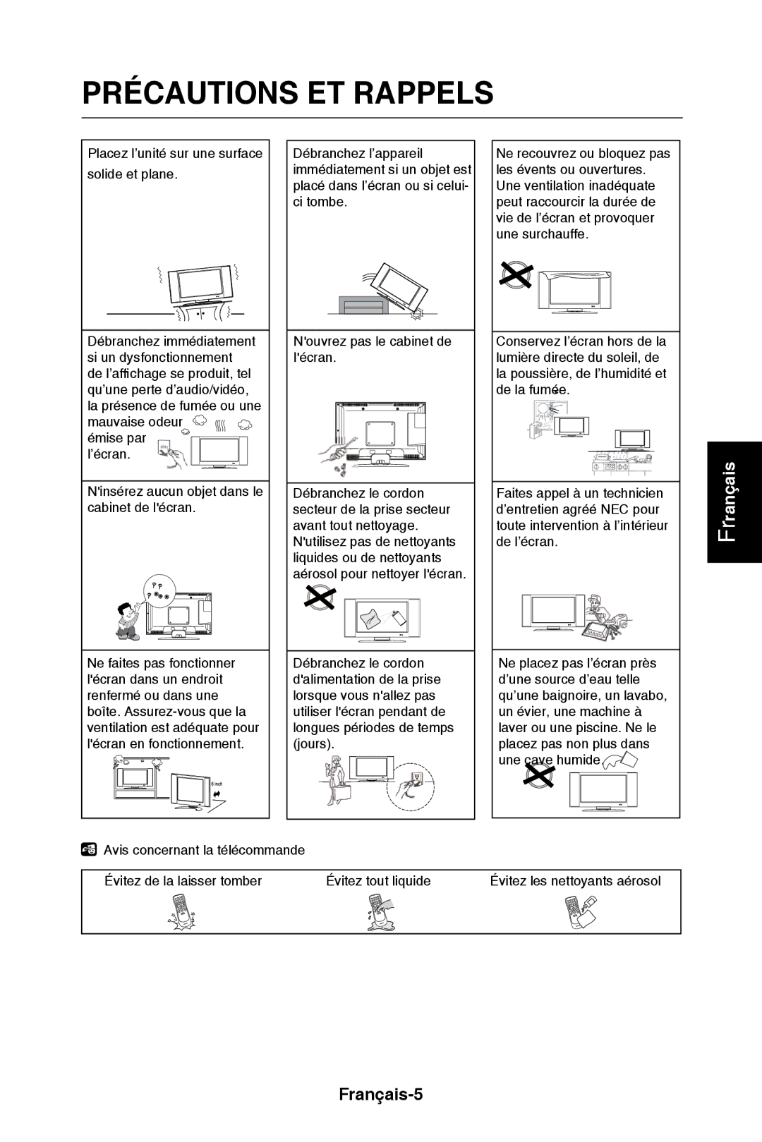 NEC E421, E321 user manual Précautions ET Rappels, Français-5 