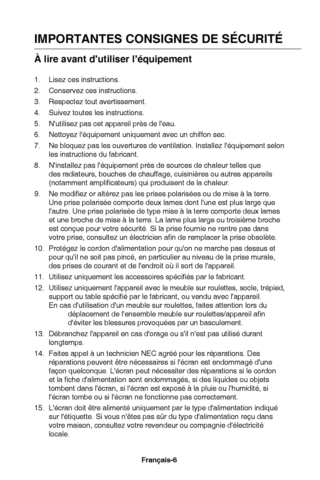 NEC E321, E421 user manual Lire avant d’utiliser l’équipement, Français-6 