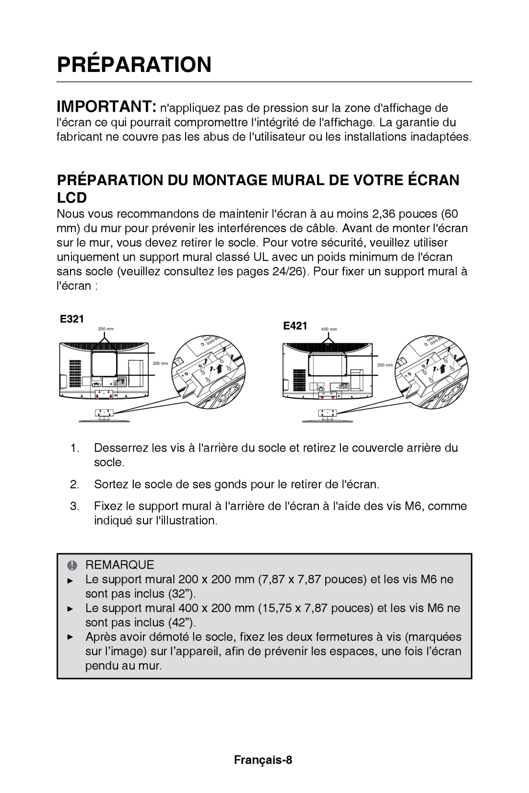 NEC E321, E421 user manual Préparation, Remarque, Français-8 