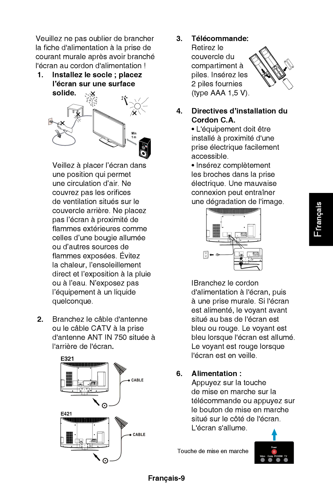 NEC E421 Installez le socle placez l’écran sur une surface solide, Télécommande, Directives d’installation du Cordon C.A 