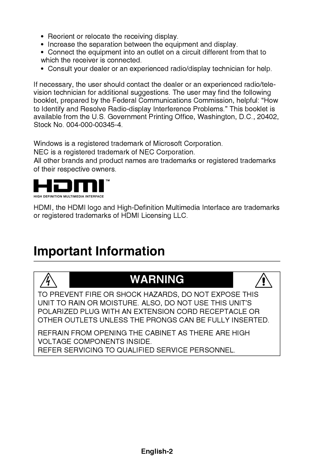 NEC E421, E321 user manual Important Information, English-2 