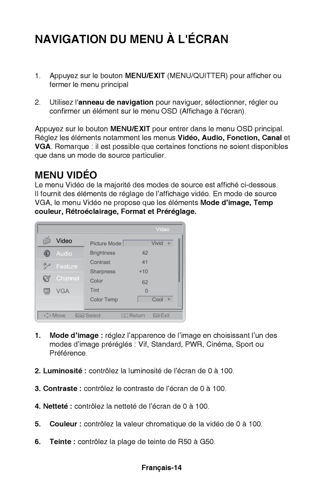 NEC E321, E421 user manual Menu Vidéo, Français-14 