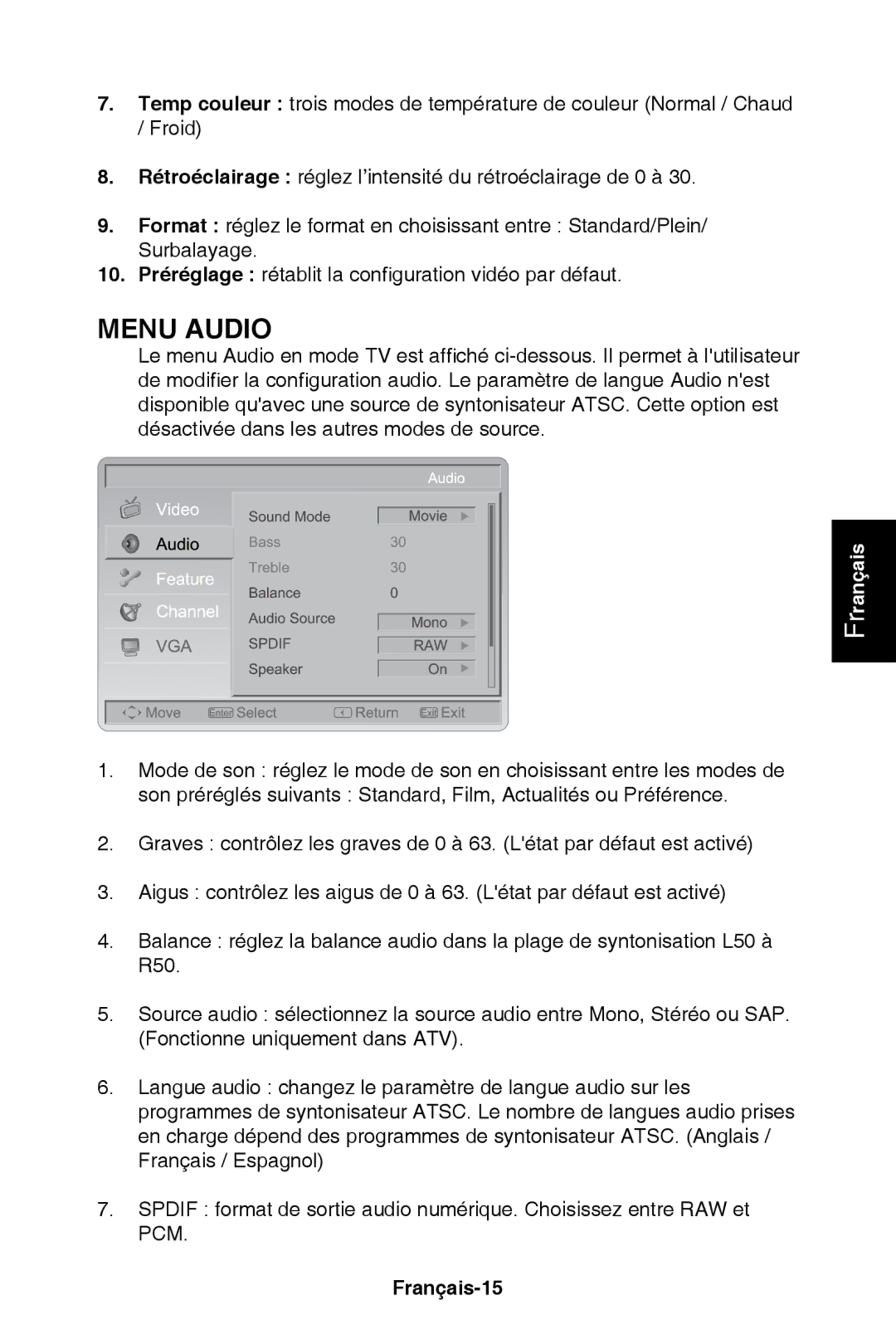 NEC E421, E321 user manual Menu Audio, Français-15 