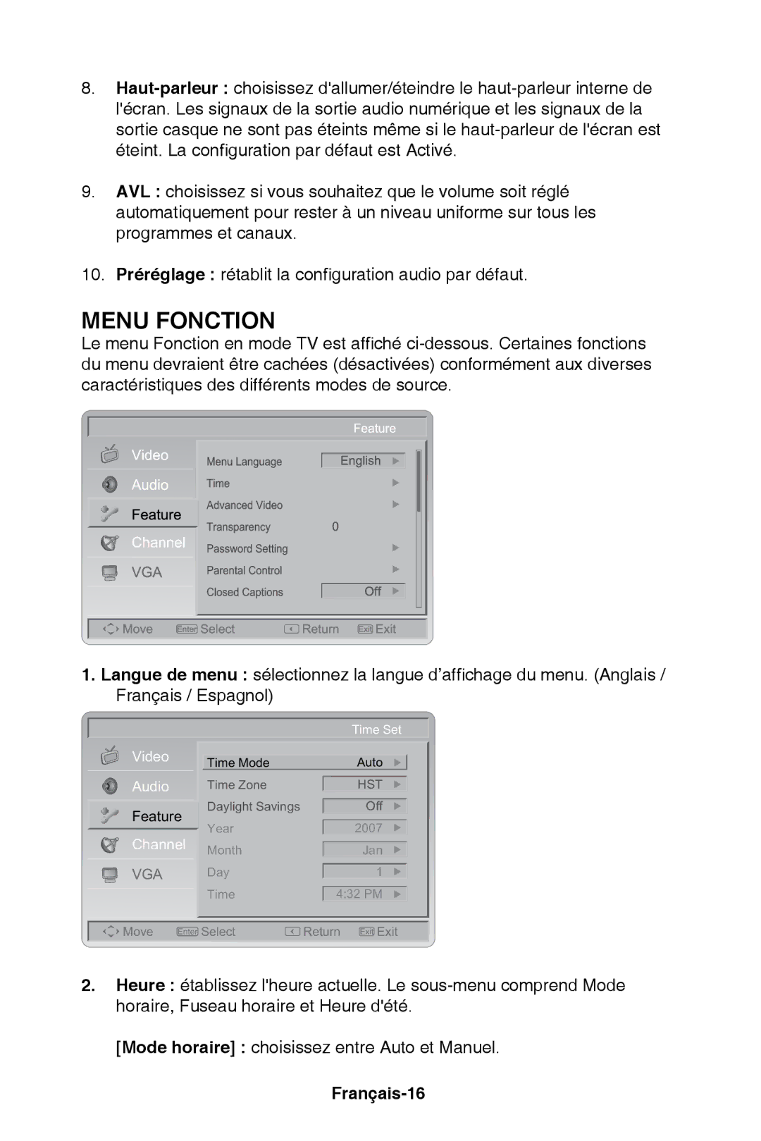 NEC E321, E421 user manual Menu Fonction, Français-16 