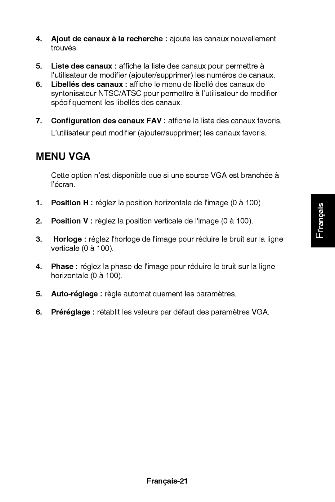 NEC E421, E321 user manual Menu VGA, Français-21 