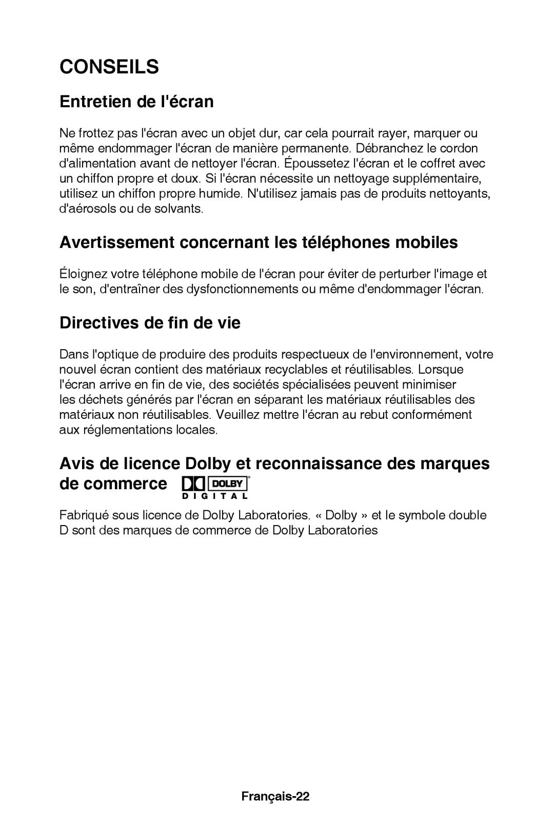 NEC E321, E421 Entretien de lécran, Avertissement concernant les téléphones mobiles, Directives de fin de vie, Français-22 