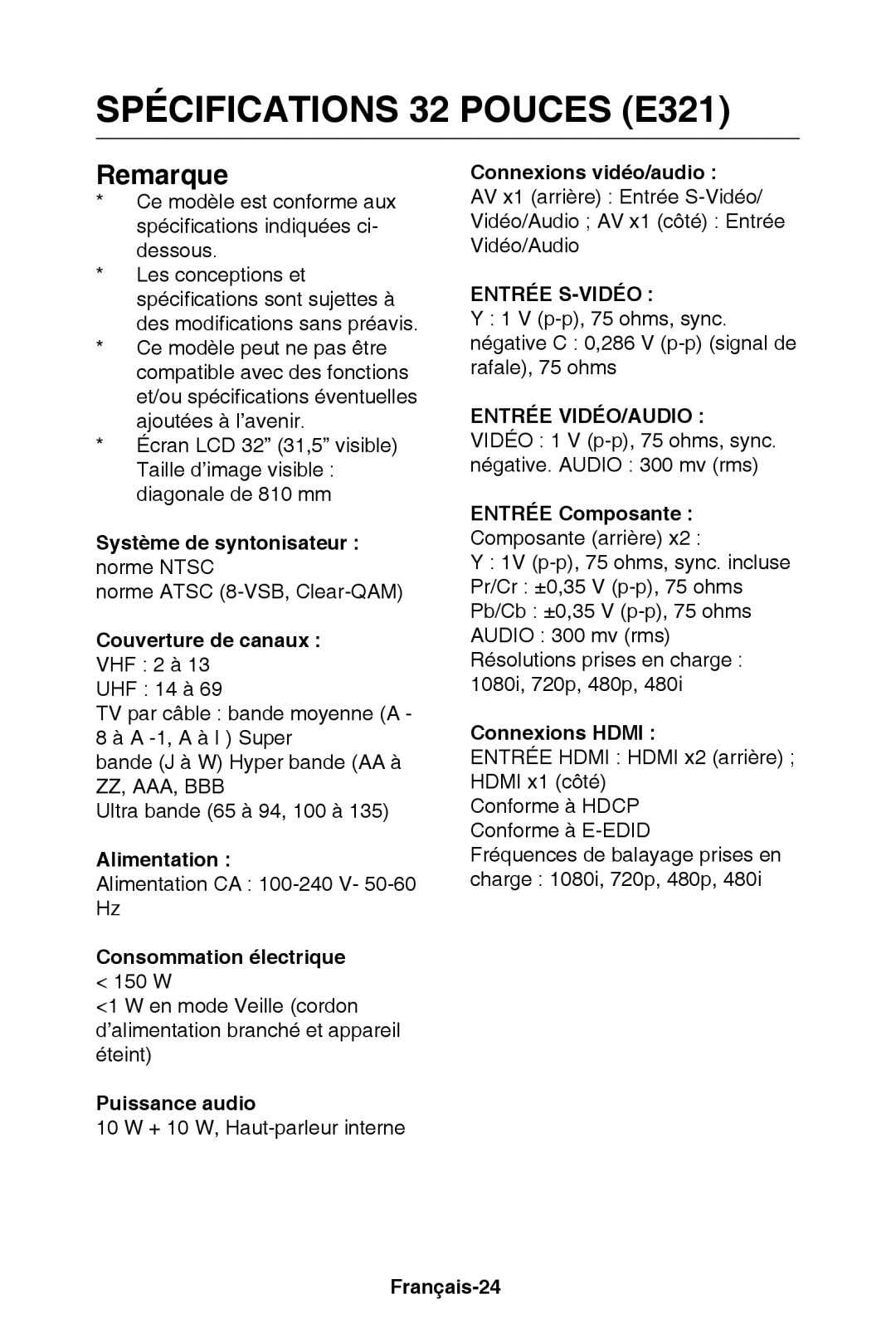 NEC E421 user manual Spécifications 32 Pouces E321, Remarque 