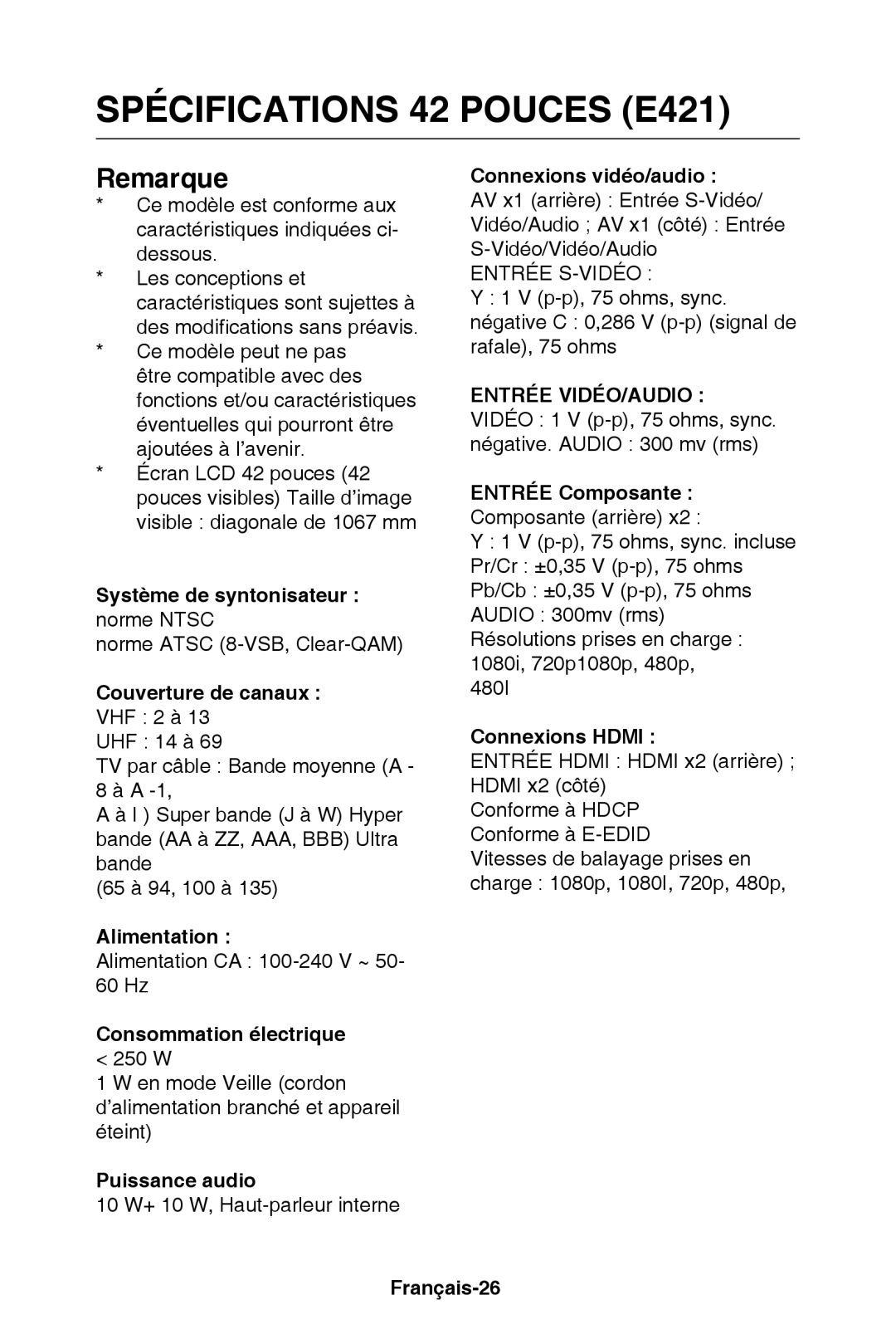 NEC E321 user manual Spécifications 42 Pouces E421, Consommation électrique 250 W, Entrée S-VIDÉO, Français-26 