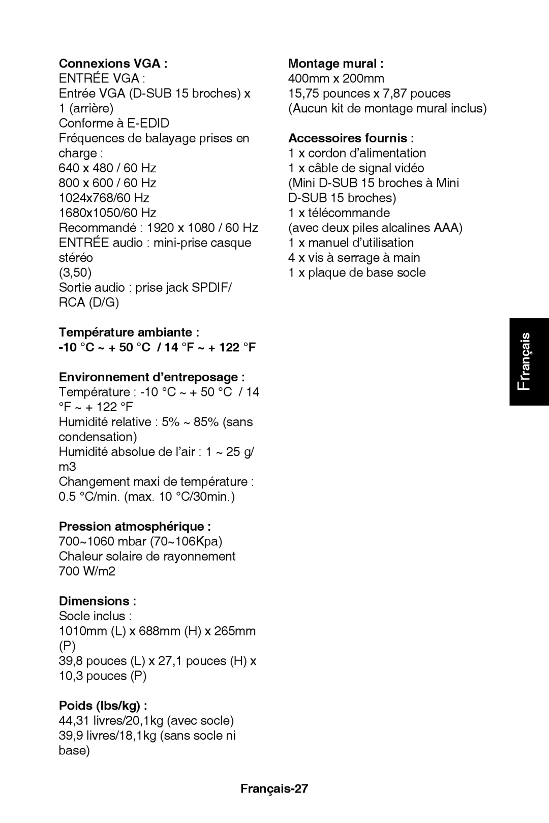 NEC E421, E321 user manual Montage mural 400mm x 200mm, Français-27 