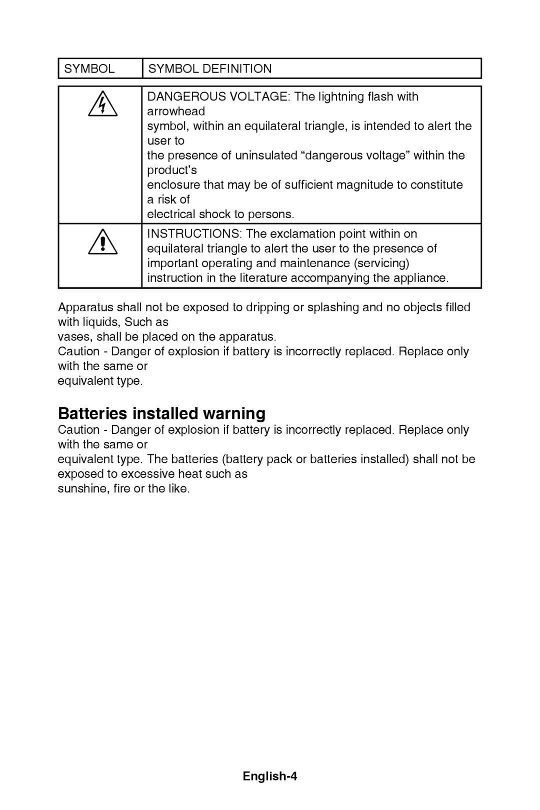 NEC E421, E321 user manual Batteries installed warning, Symbol Symbol Definition, English-4 