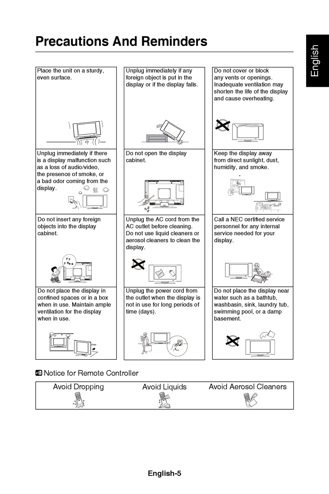 NEC E321, E421 user manual Precautions And Reminders, English-5 