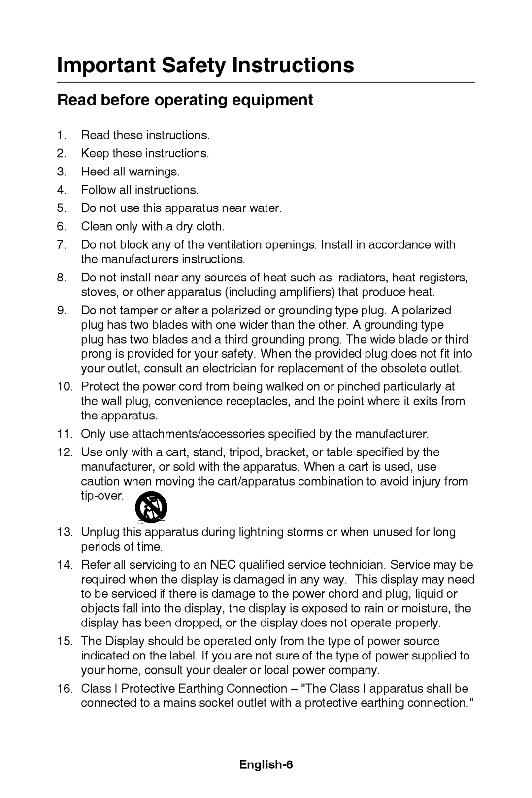 NEC E421, E321 user manual Important Safety Instructions, Read before operating equipment, English-6 