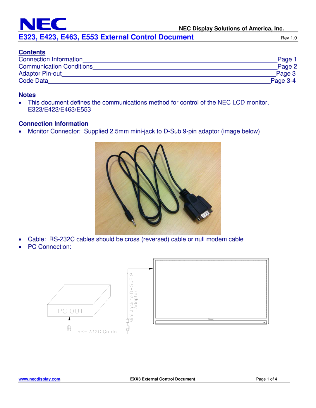 NEC E323 manual Contents, Connection Information 