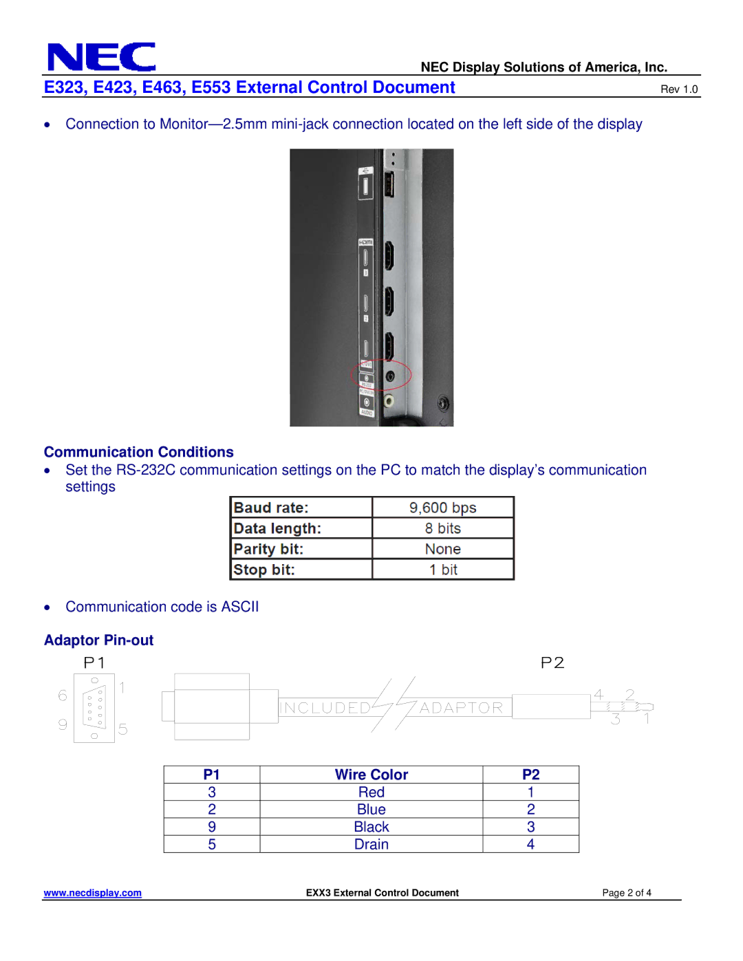 NEC E323 manual Communication Conditions, Adaptor Pin-out Wire Color 