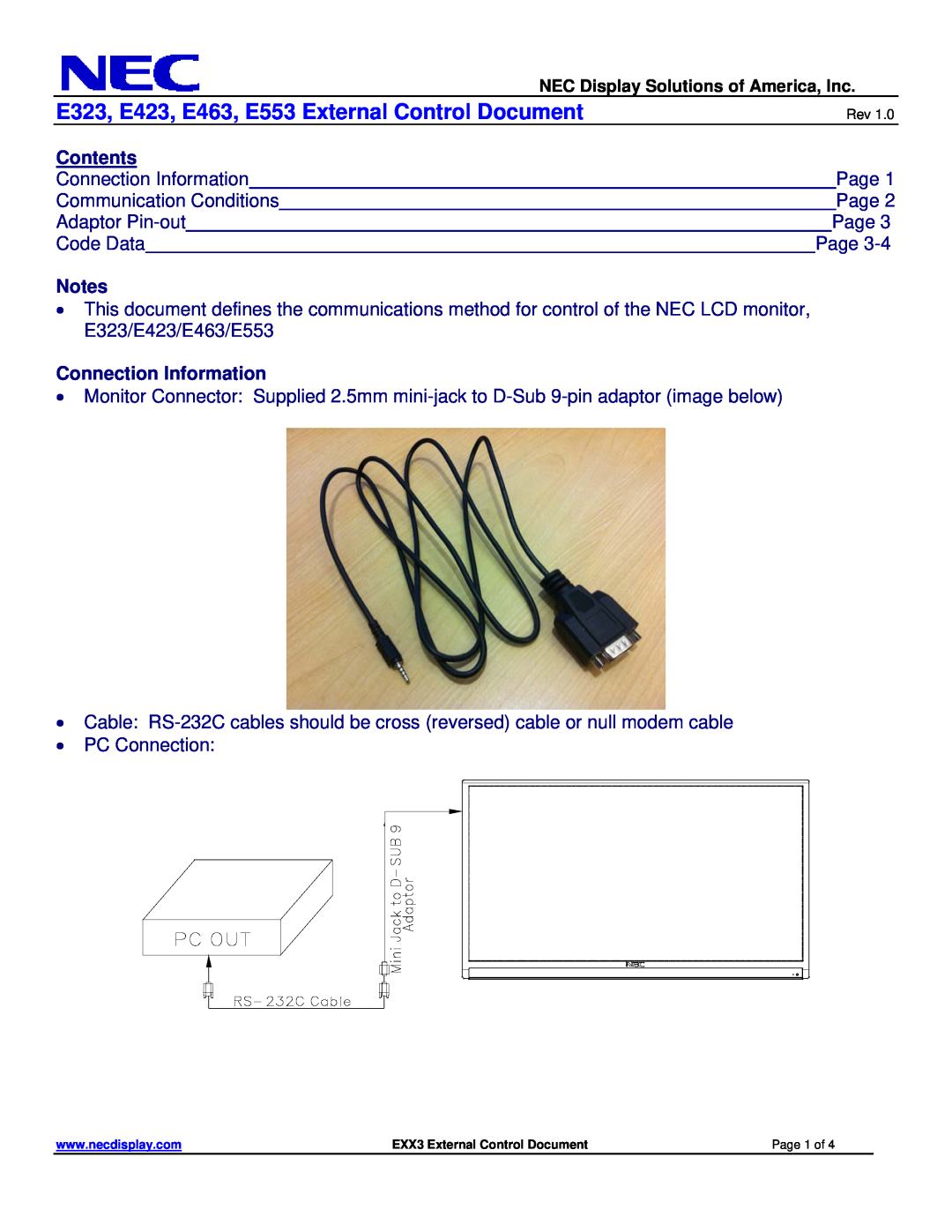 NEC manual E323, E423, E463, E553 External Control Document, Contents, Connection Information 