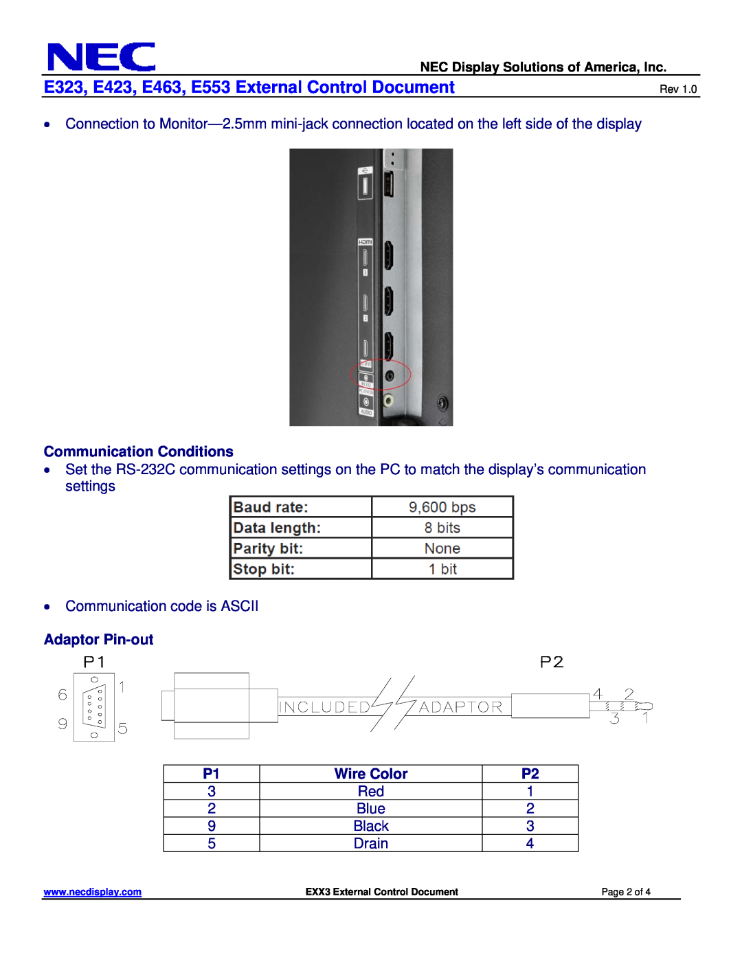 NEC manual E323, E423, E463, E553 External Control Document, Communication Conditions, Adaptor Pin-out, Wire Color 