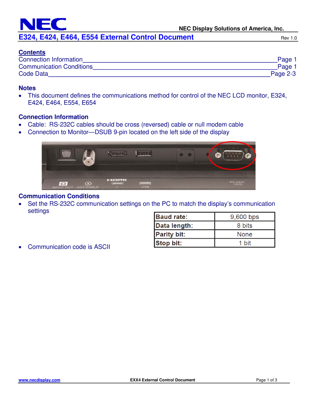 NEC E424 manual Contents, Connection Information, Communication Conditions 