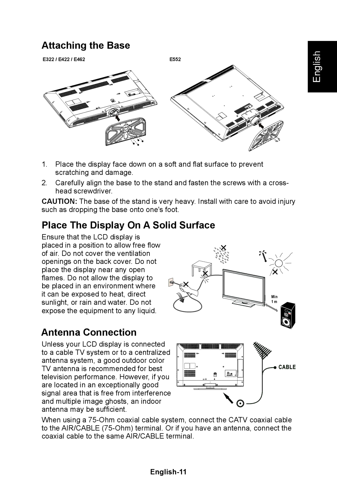 NEC E422, E552, E462, E322 Attaching the Base, Place The Display On a Solid Surface, Antenna Connection, English-11 