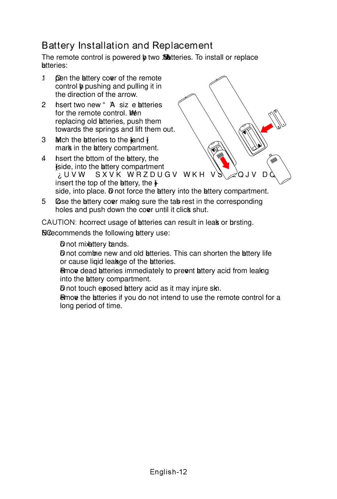 NEC E462, E552, E422, E322 user manual Battery Installation and Replacement, English-12 