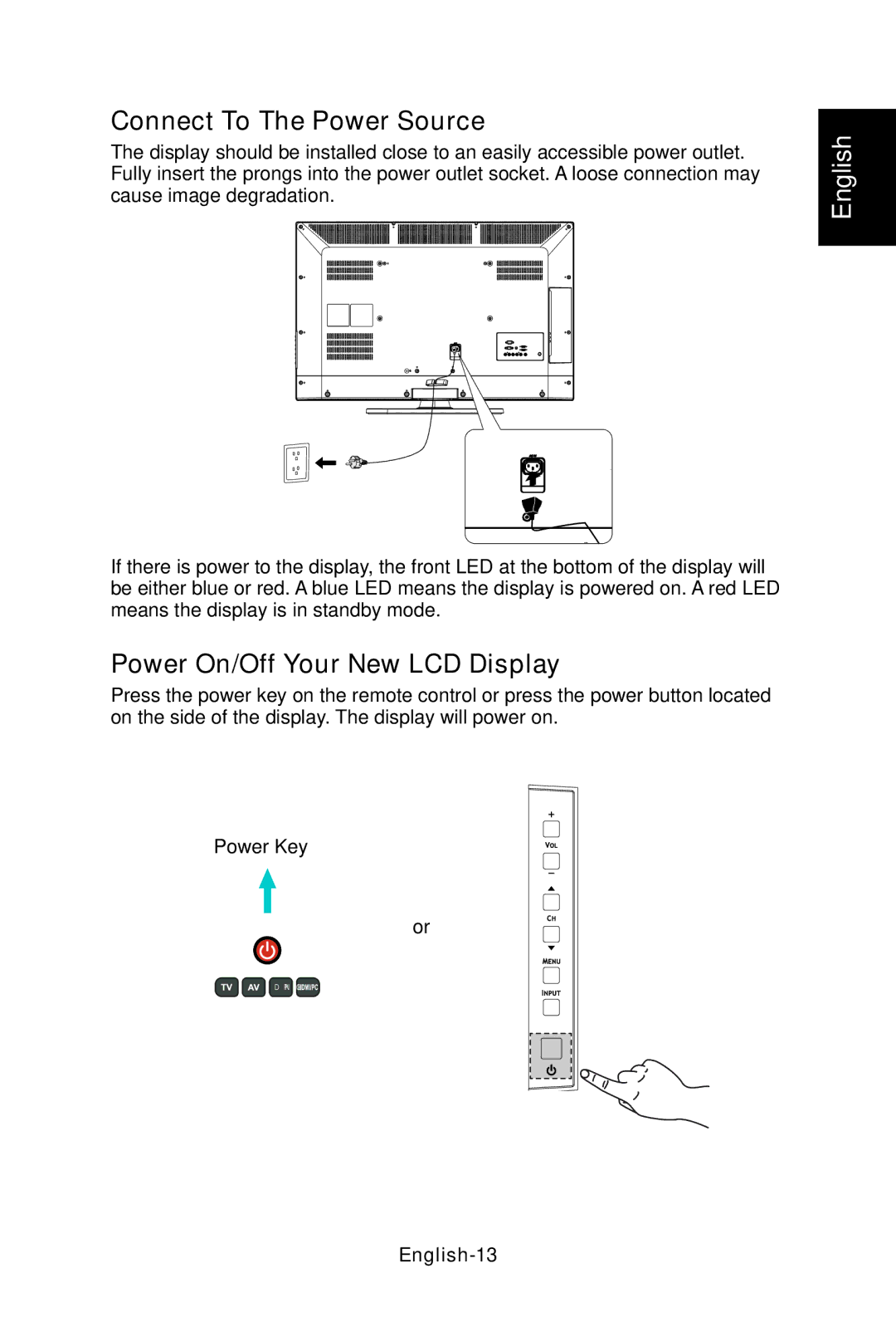 NEC E322, E552, E422, E462 user manual Connect To The Power Source, Power On/Off Your New LCD Display, English-13 