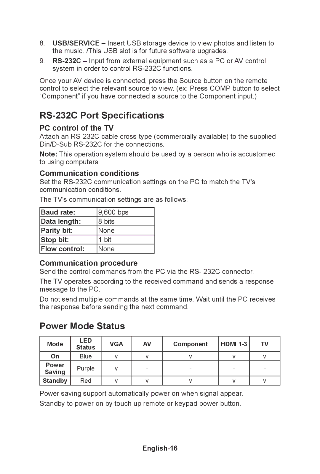 NEC E462 RS-232C Port Specifications, Power Mode Status, Baud rate, Data length Bits Parity bit None Stop bit Flow control 