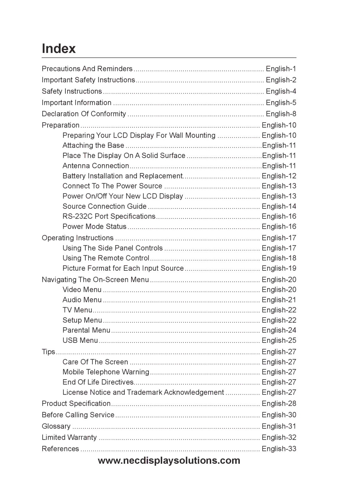 NEC E462, E552, E422, E322 user manual Index 