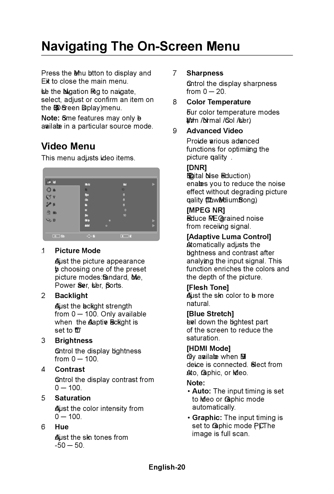 NEC E462, E552, E422, E322 user manual Navigating The On-Screen Menu, Video Menu 