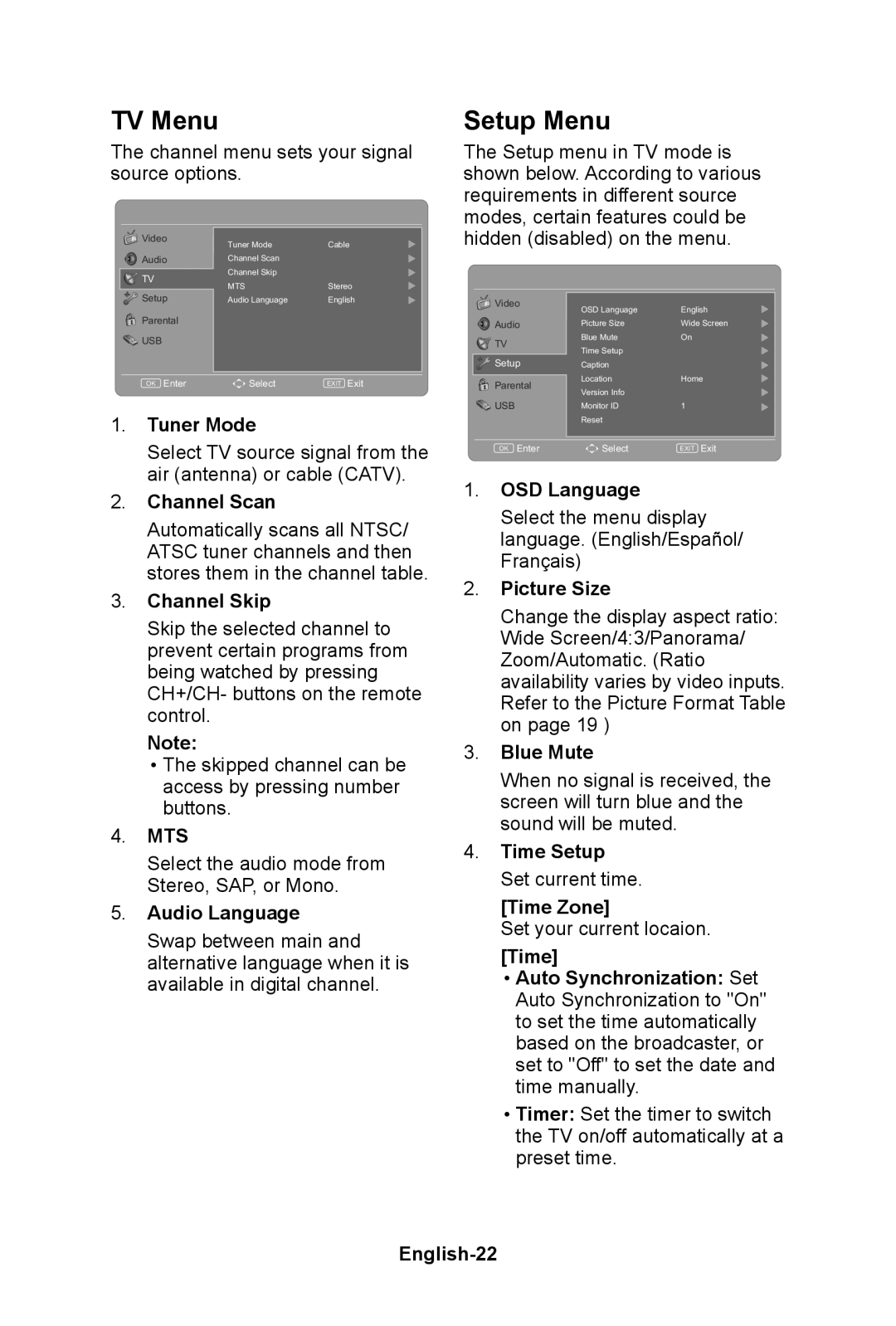 NEC E552, E422, E462, E322 user manual TV Menu, Setup Menu 