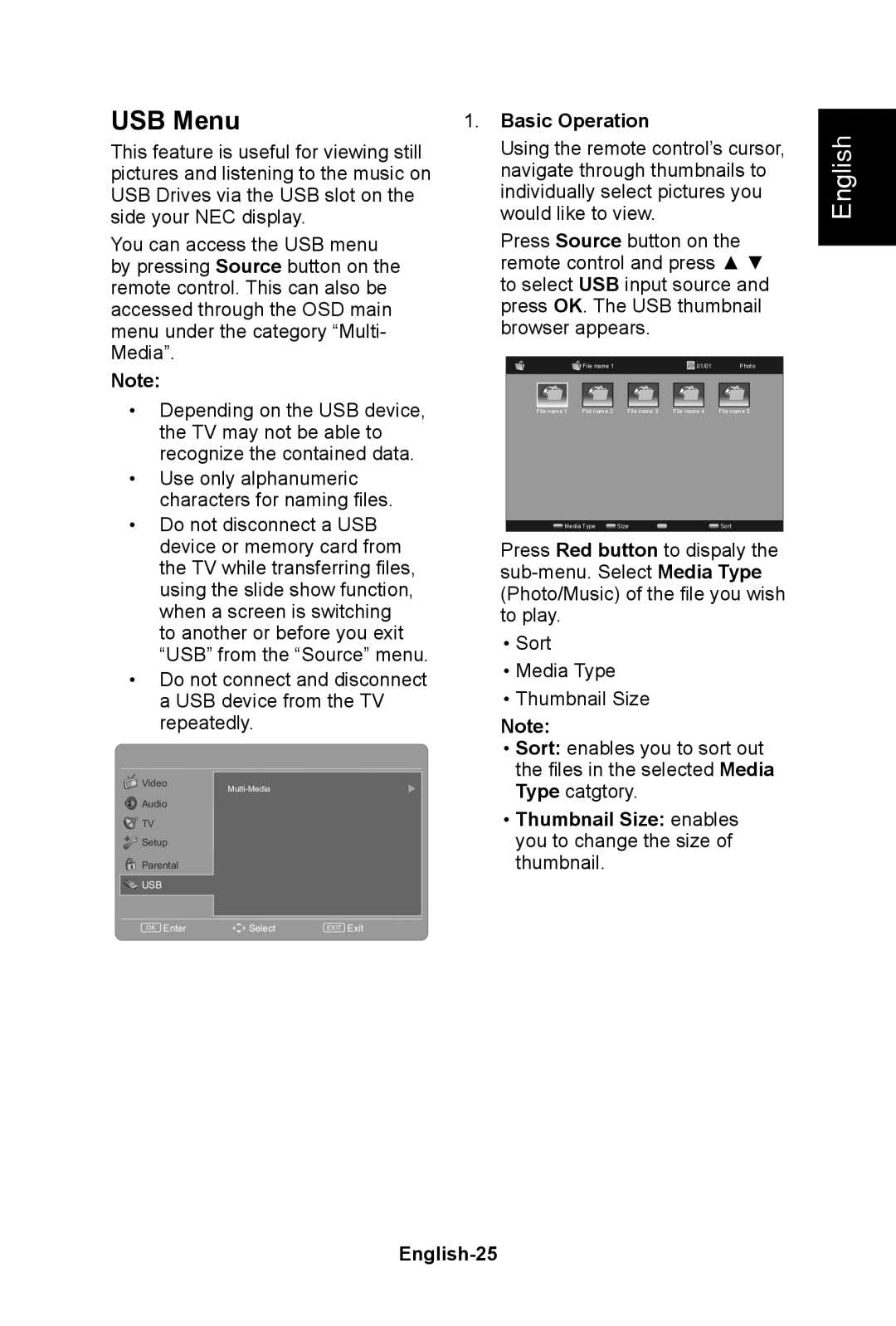 NEC E322, E552, E422, E462 USB Menu, Basic Operation, Thumbnail Size enables you to change the size of thumbnail, English-25 