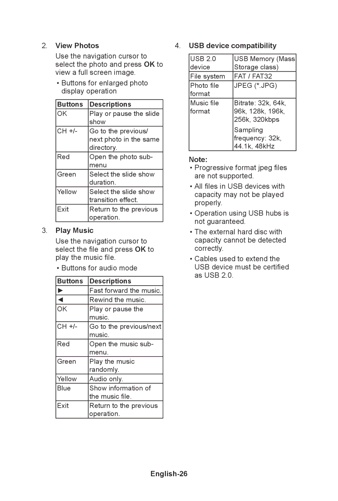 NEC E552, E422, E462, E322 user manual View Photos, Play Music, USB device compatibility, English-26 