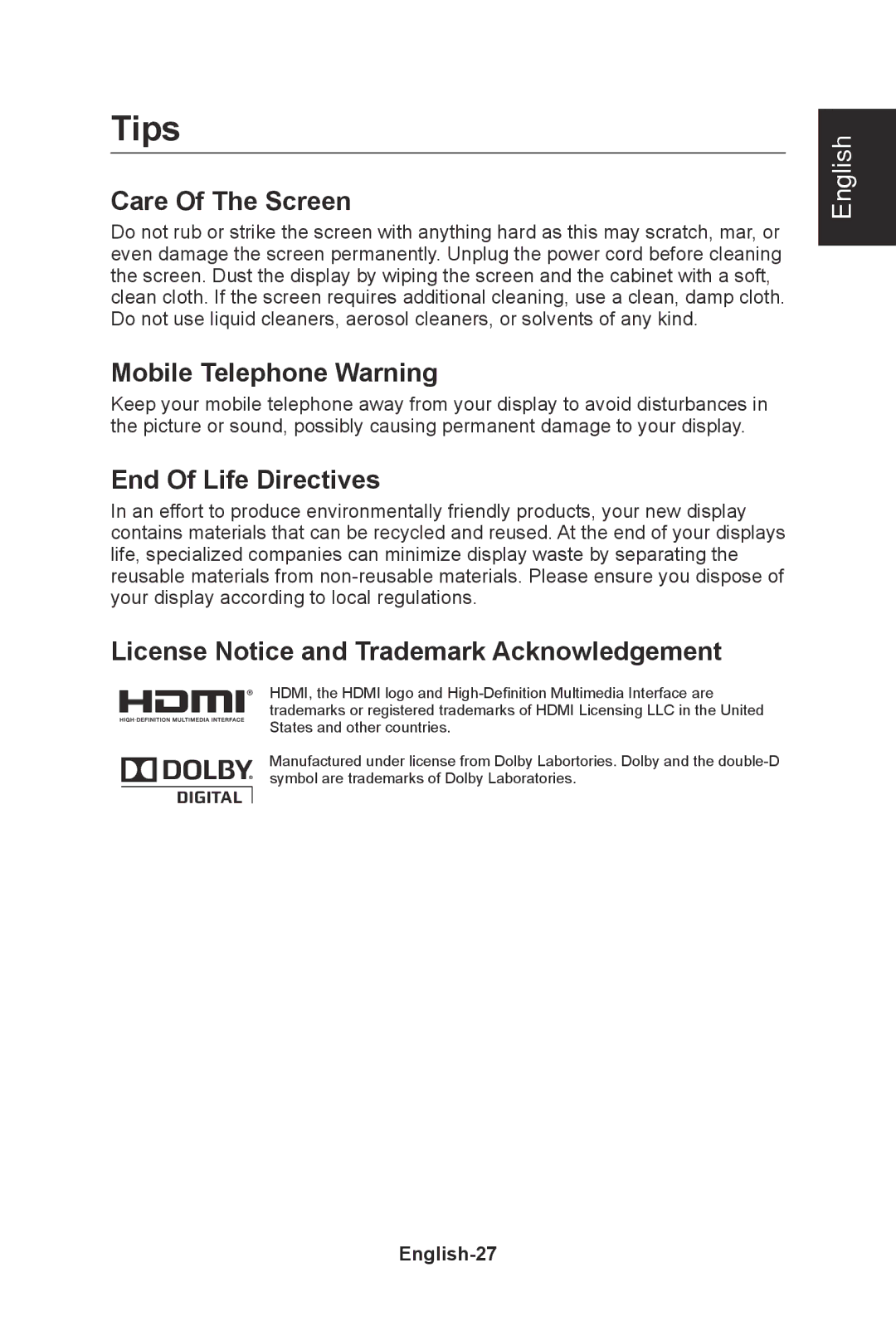 NEC E422, E552, E462, E322 user manual Tips, Care Of The Screen, Mobile Telephone Warning, End Of Life Directives 