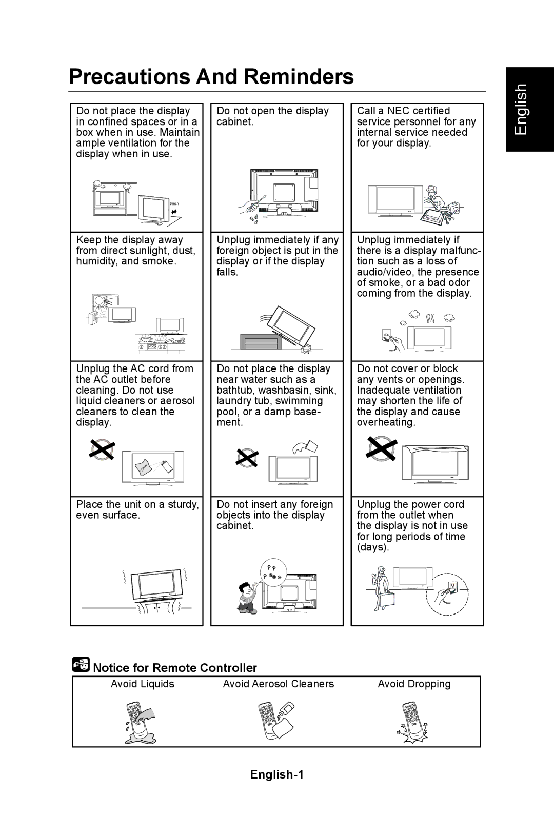 NEC E322, E552, E422, E462 user manual Precautions And Reminders, English-1 