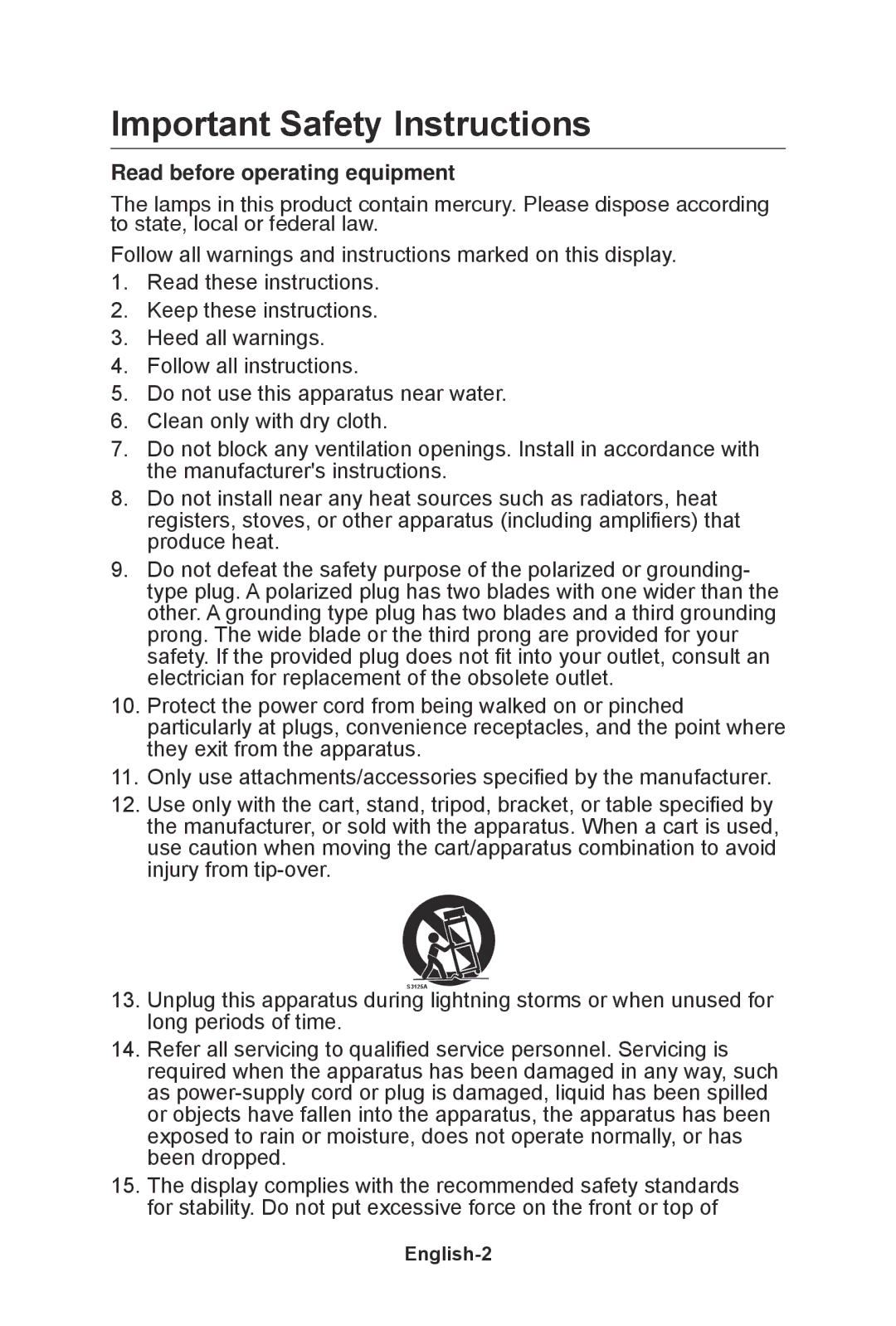 NEC E552, E422, E462, E322 user manual Important Safety Instructions, English-2 