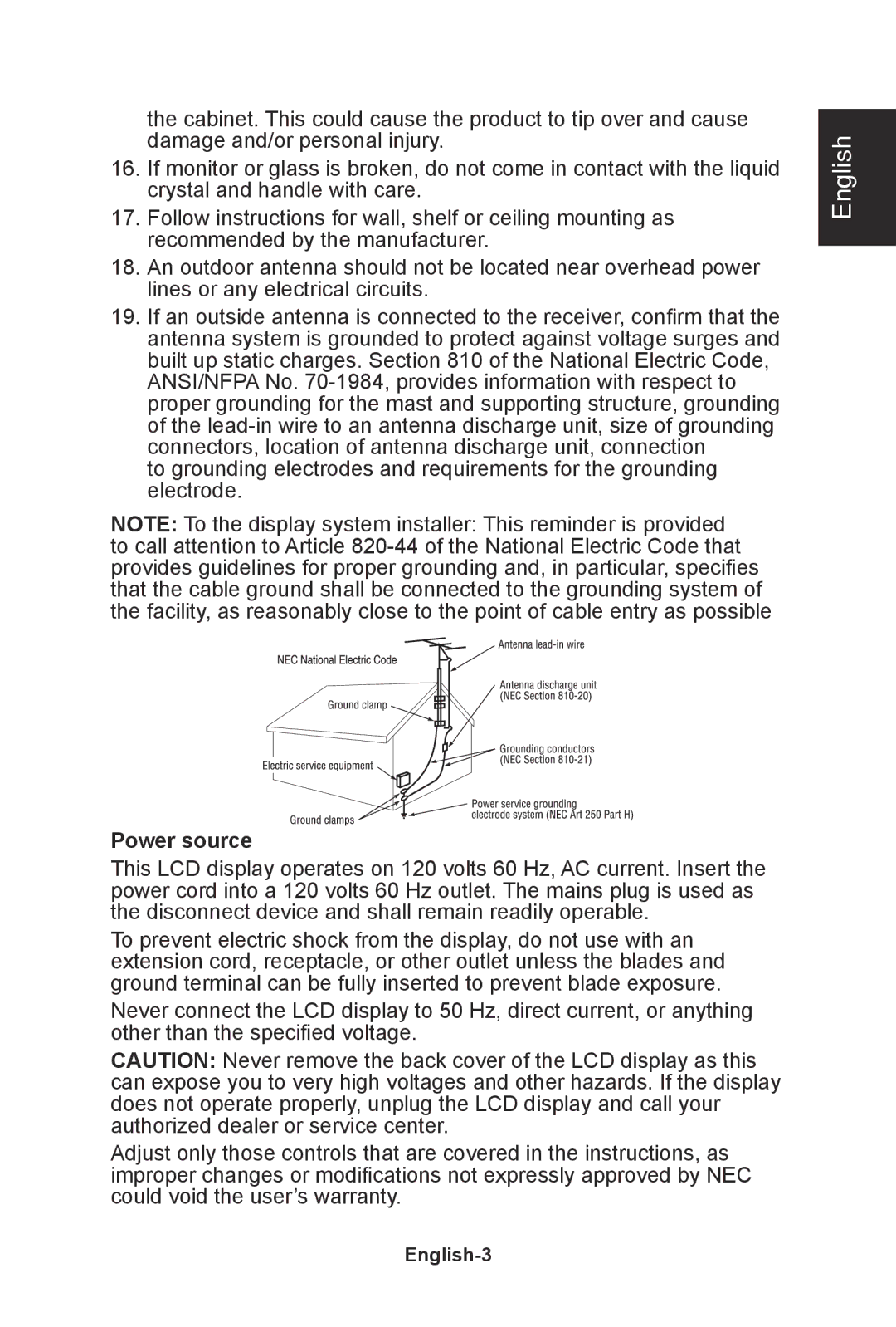 NEC E422, E552, E462, E322 user manual Power source, English-3 