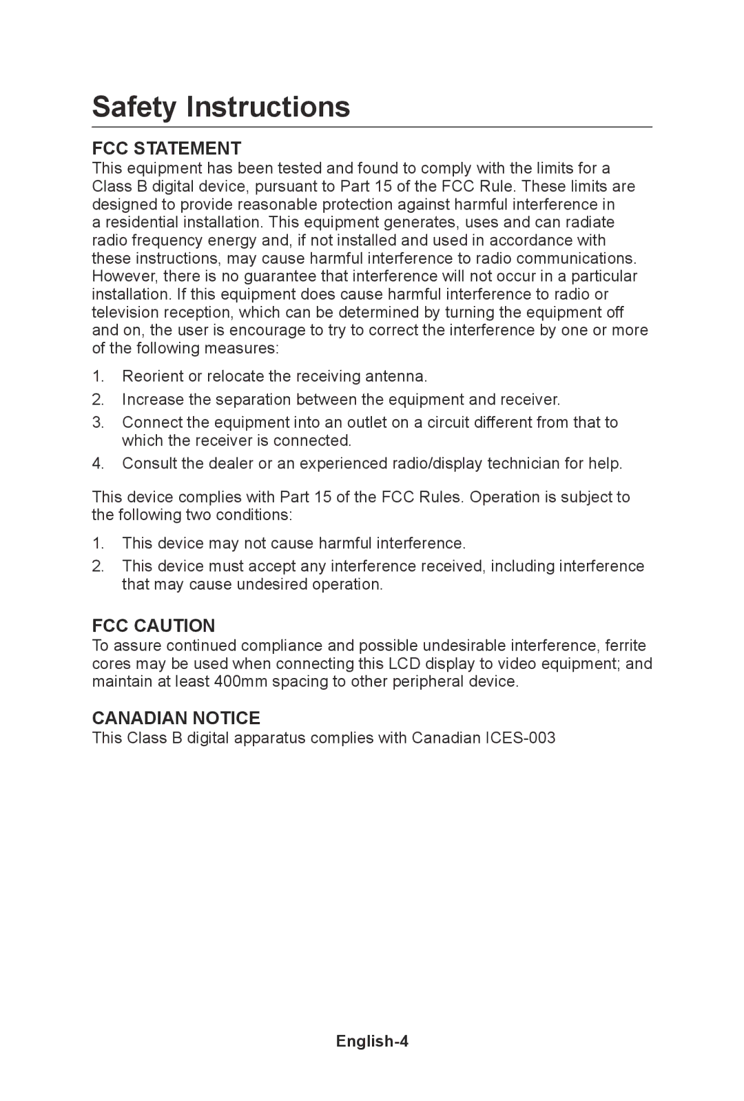 NEC E462, E552, E422, E322 user manual Safety Instructions, English-4 