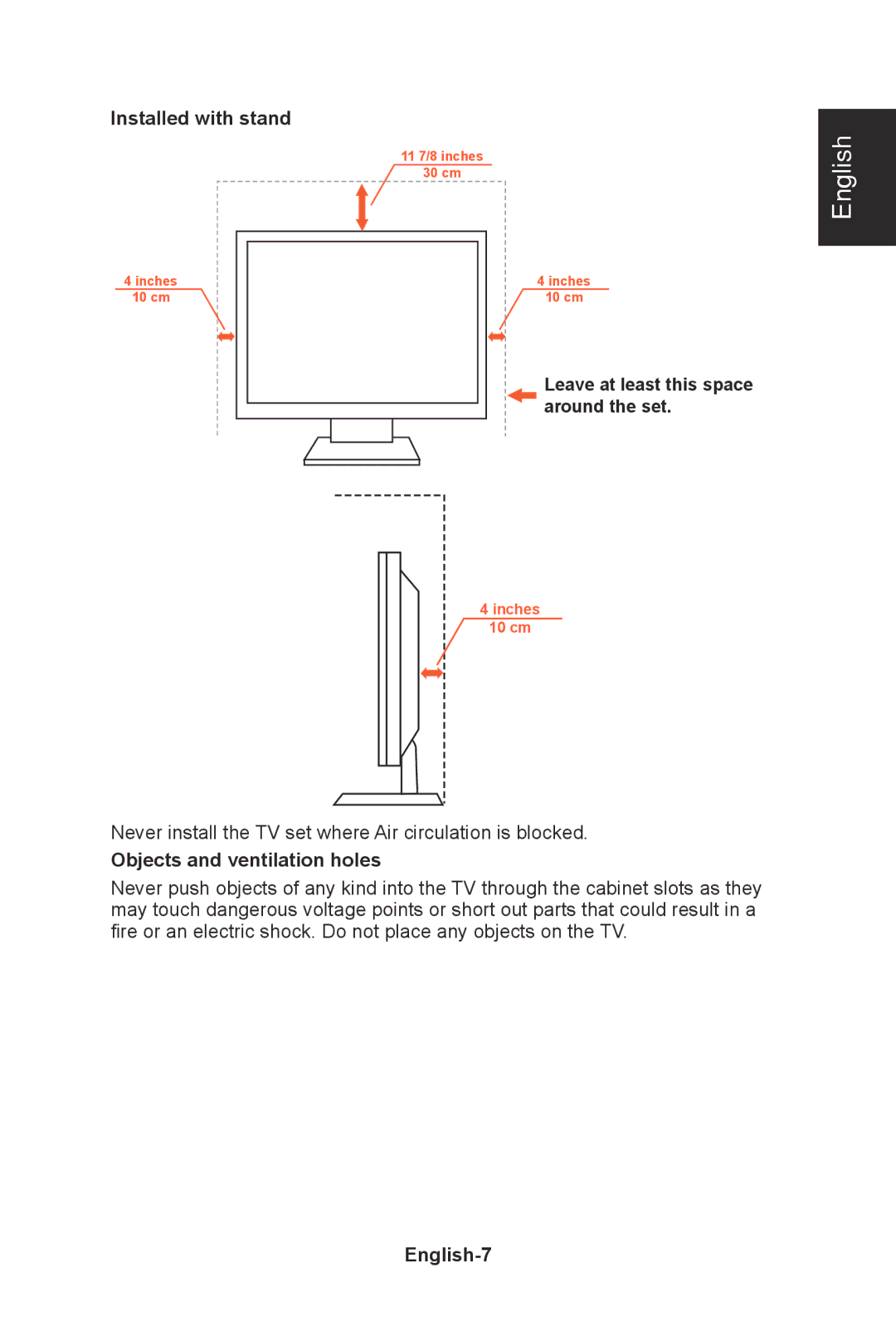 NEC E422, E552, E462, E322 user manual Installed with stand, Objects and ventilation holes, English-7 