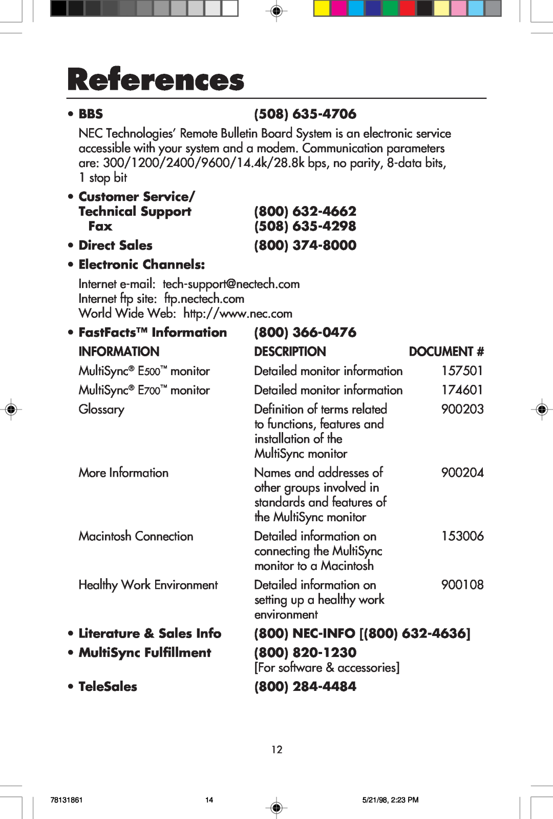 NEC E700, E500 user manual References, Document # 