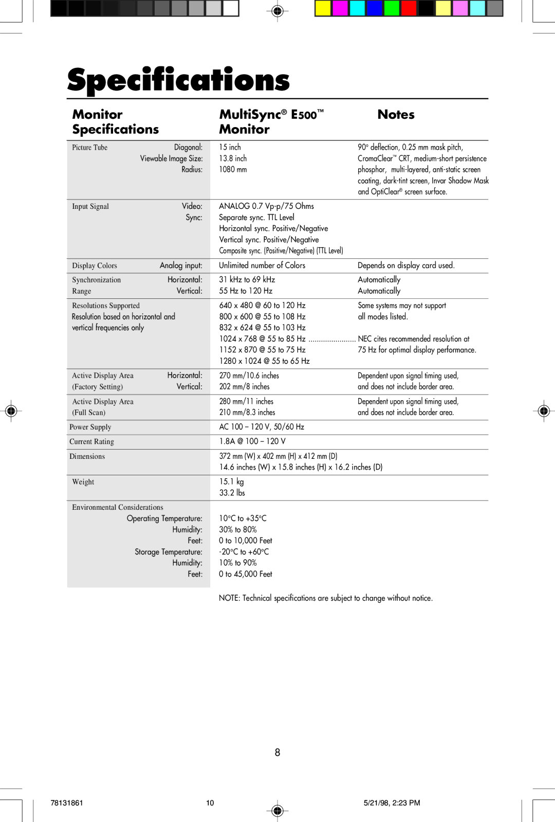 NEC E700 user manual Monitor MultiSync E500 Specifications 